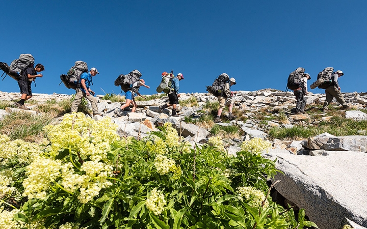 A group of students wearing backpacks hike along rocky terrain amongst wildflowers. There is a bright blue sky above.